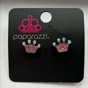 paparazzi Kids Pink Crown Stud Earrings with Silver Accents